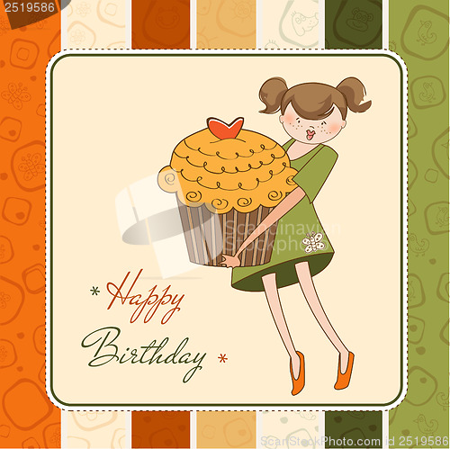 Image of Happy Birthday card with girl and cup cake