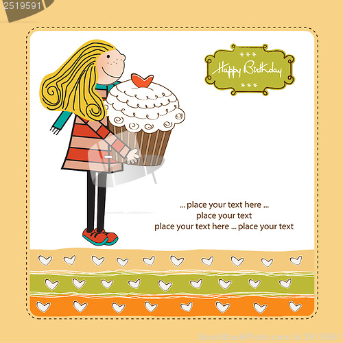 Image of Happy Birthday card with girl and cup cake