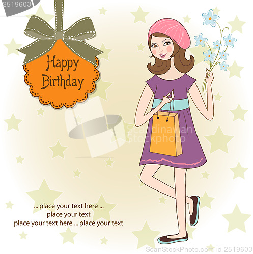 Image of pretty girl with gift and flowers. birthday card