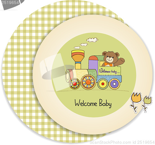 Image of baby shower card with teddy bear and train toy