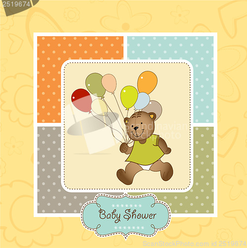 Image of baby shower card with teddy bear toy