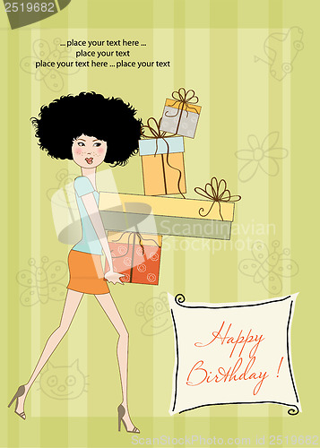 Image of birthday card - pretty young lady with arms full of gifts
