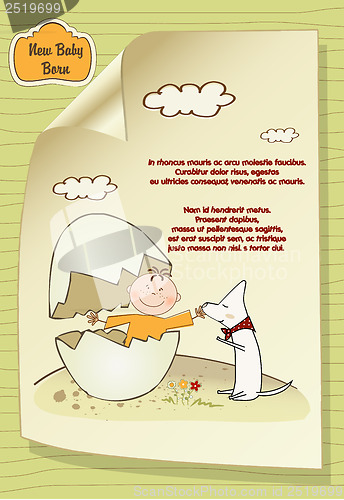 Image of welcome baby card with broken egg ad dog