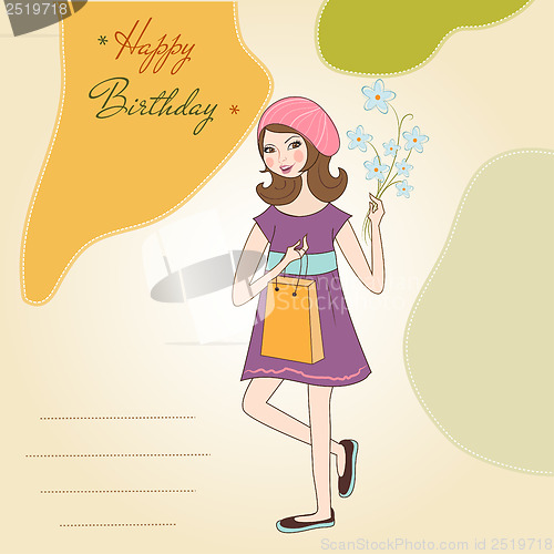 Image of pretty girl with gift and flowers. birthday card