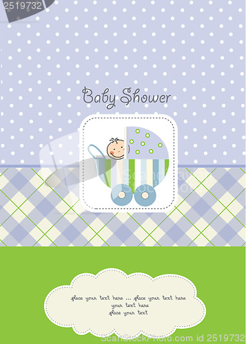 Image of baby boy announcement card with baby and pram