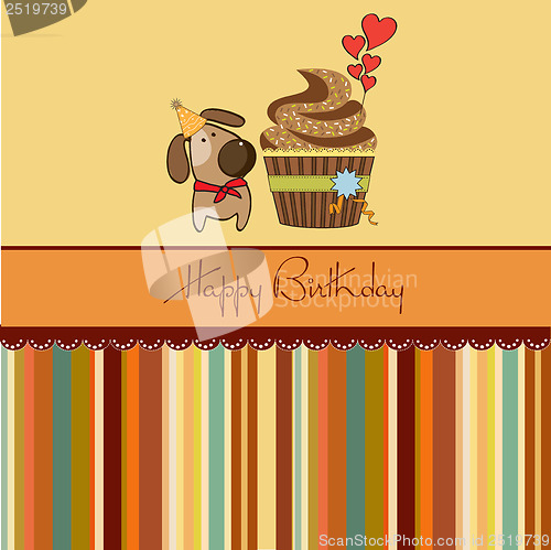 Image of birthday greeting card with cupcake and little dog