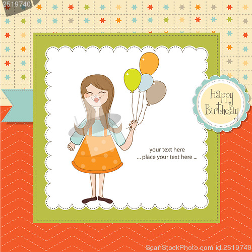 Image of Funny girl with balloon, birthday greeting card