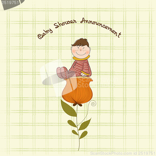 Image of greeting card with a baby sitting on a flower
