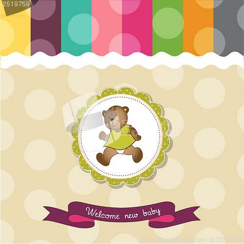Image of baby shower card with teddy bear toy