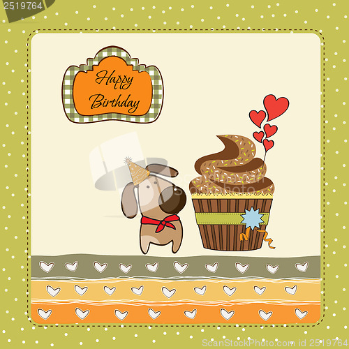 Image of birthday greeting card with cupcake and little dog