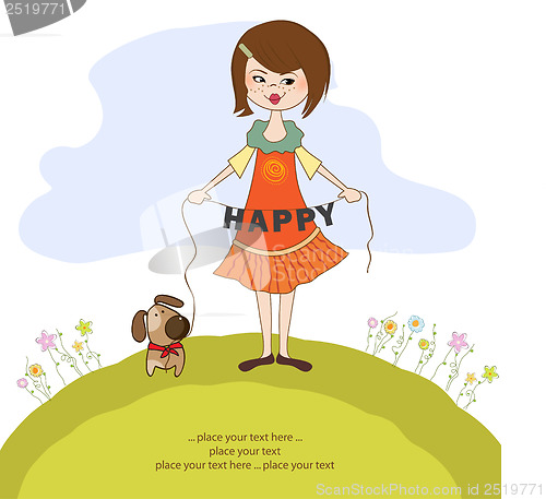 Image of happy girl with cute dog