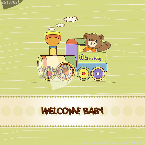 Image of baby shower card with teddy bear and train toy