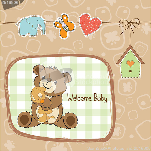 Image of baby shower card with teddy bear toy