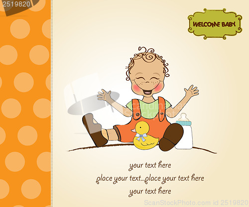 Image of baby boy playing with his duck toy, welcome baby card