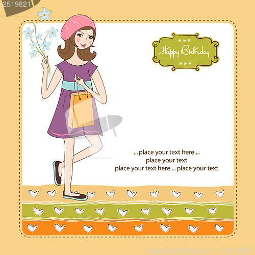 Image of pretty girl with gift and flowers. birthday card