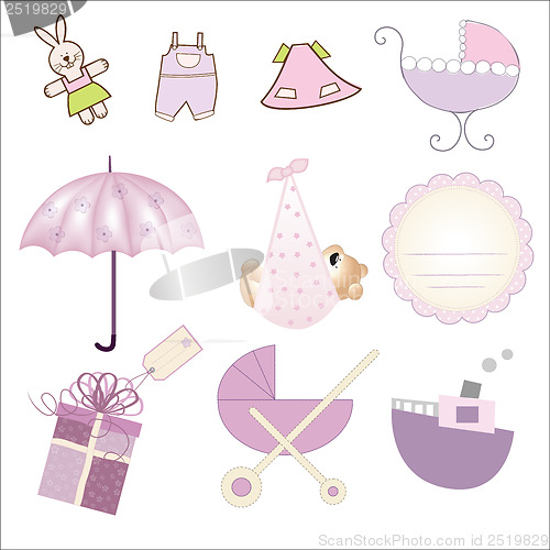 Image of new baby gil items set isolated on white background