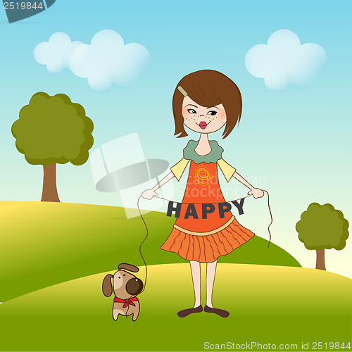 Image of happy girl with cute dog