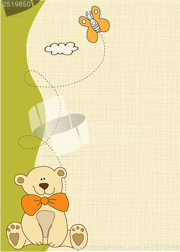 Image of baby shower card with teddy bear toy