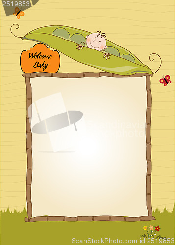 Image of little boy sleeping in a pea been, baby announcement card