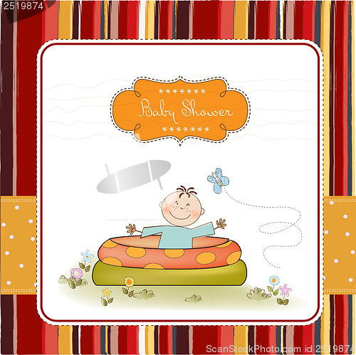 Image of baby bathe in a small pool . shower announcement card