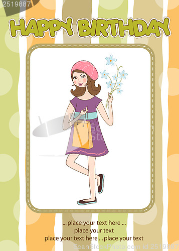 Image of pretty girl with gift and flowers. birthday card