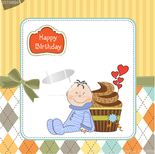 Image of birthday greeting card with cupcake and little baby