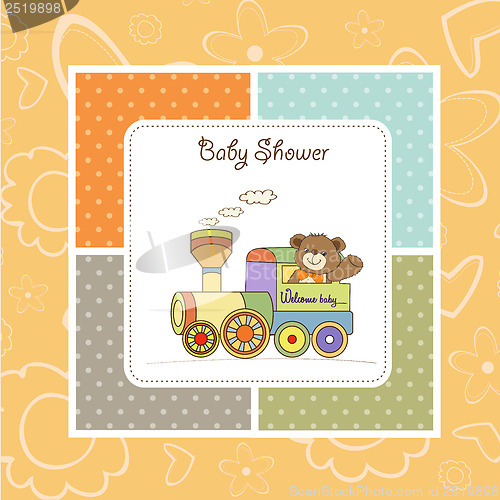 Image of baby shower card with teddy bear and train toy