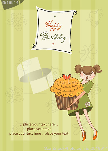 Image of Happy Birthday card with girl and cup cake