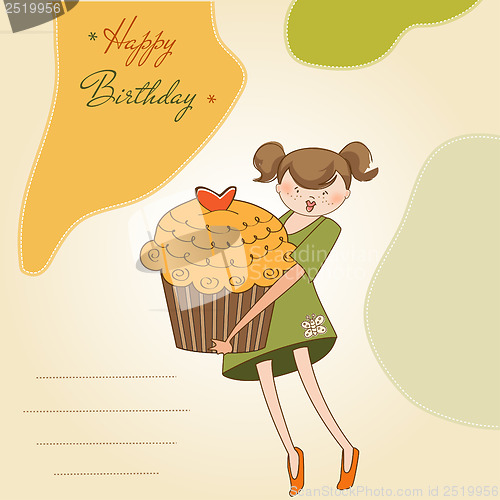 Image of Happy Birthday card with girl and cup cake