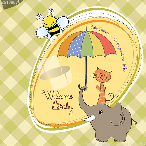 Image of baby shower card with funny elephant and little cat under umbrel