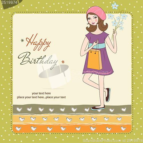 Image of pretty girl with gift and flowers. birthday card