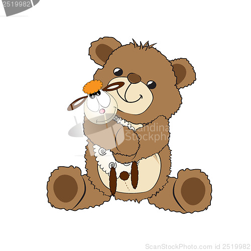 Image of teddy bear playing with his toy, a little sheep