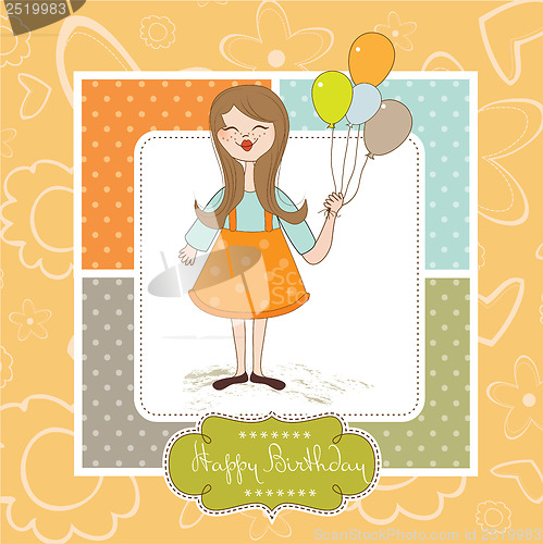 Image of Funny girl with balloon, birthday greeting card