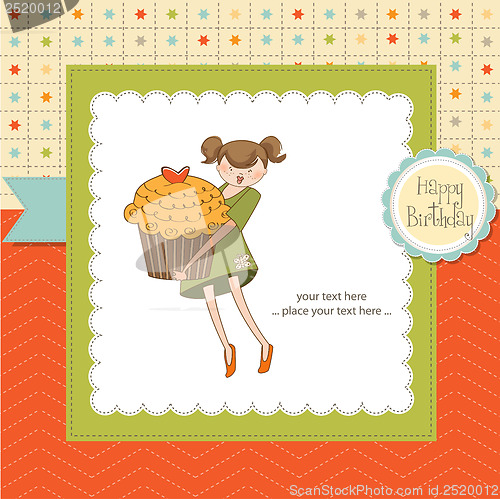 Image of Happy Birthday card with girl and cup cake