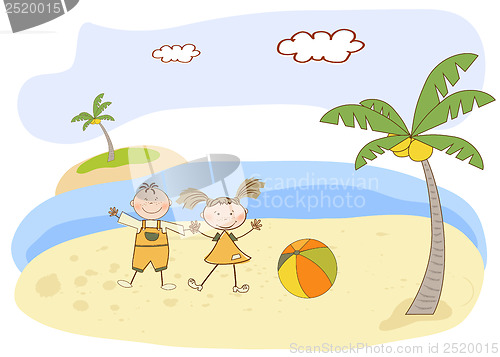 Image of two kids play on the beach