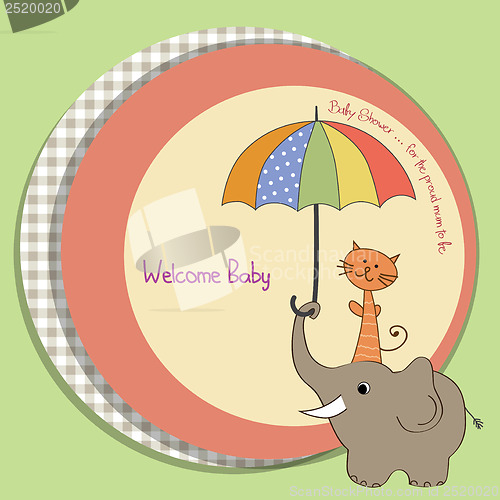 Image of baby shower card with funny elephant and little cat under umbrel