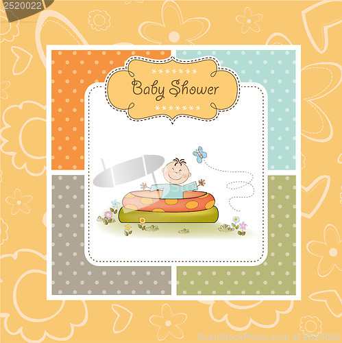 Image of baby bathe in a small pool . shower announcement card