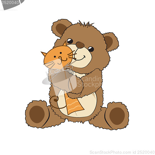 Image of teddy bear playing with his toy, a cat