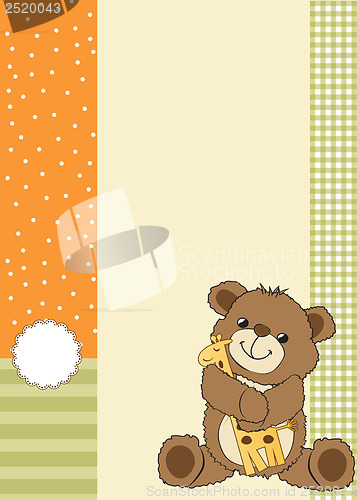 Image of childish greeting card with teddy bear and his toy