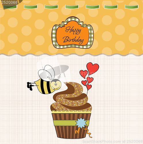 Image of birthday greeting card with cupcake and funny bee