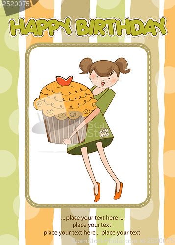 Image of Happy Birthday card with girl and cup cake