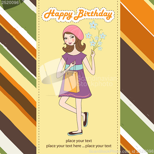 Image of pretty girl with gift and flowers. birthday card