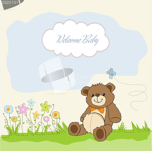 Image of baby shower card with cute teddy bear toy