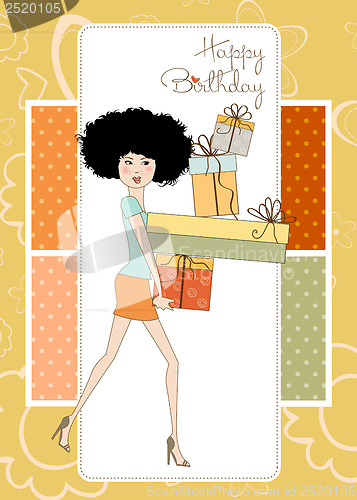 Image of birthday card - pretty young lady with arms full of gifts