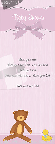 Image of romantic baby girl announcement card with teddy bear