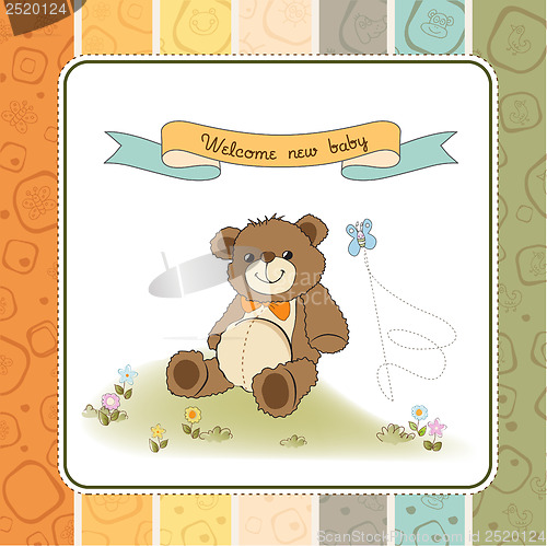 Image of baby shower card with cute teddy bear toy