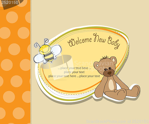 Image of baby shower card with teddy bear toy