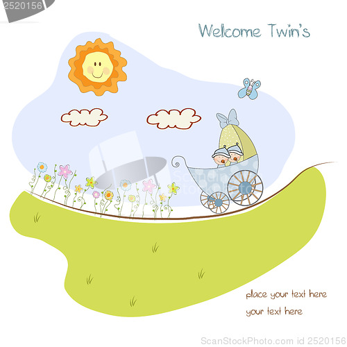 Image of baby boy announcement card with baby and pram