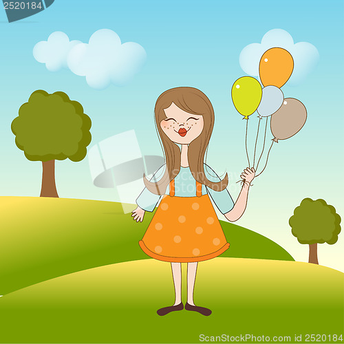 Image of Funny girl with balloon, birthday greeting card