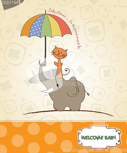 Image of baby shower card with funny elephant and little cat under umbrel